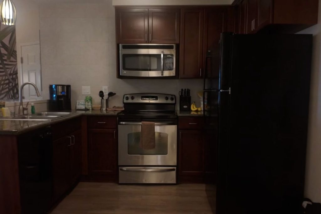 Stove, microwave and fridge in the kitchen area of our room in Las Vegas hotel.