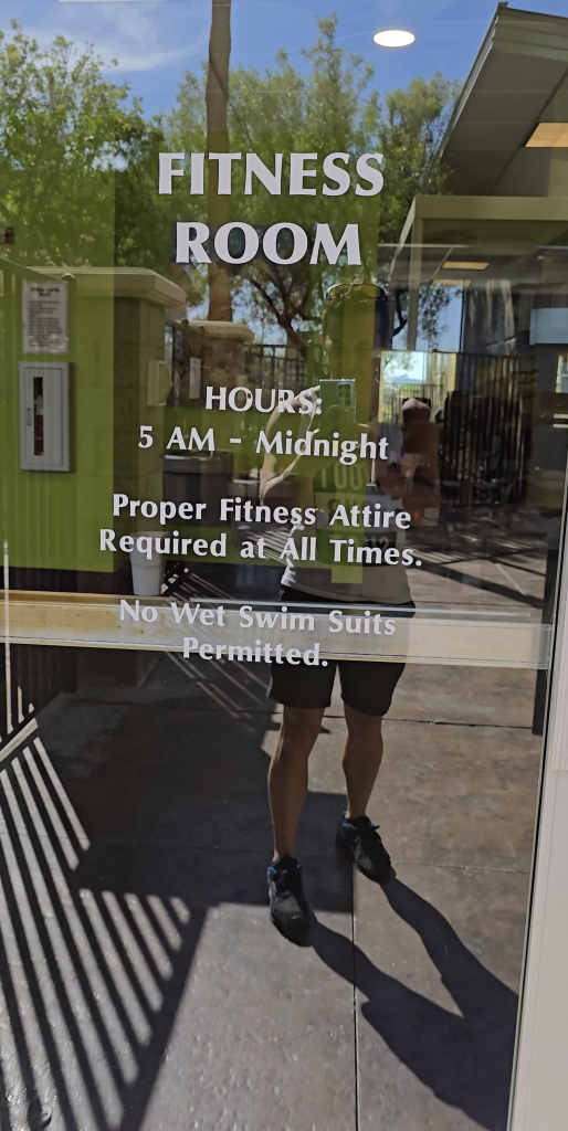 Fitness room glass door at Grandview.